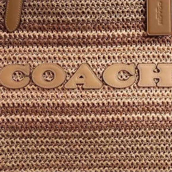 NWT COACH Straw and smooth leather City Tote Bag CBG87 Im/Honey Brown Multi - Picture 3 of 11